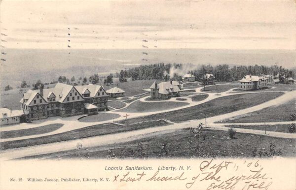 Liberty New York Loomis Sanitarium, Aerial View B/W Lithograph Vintage PC U3788