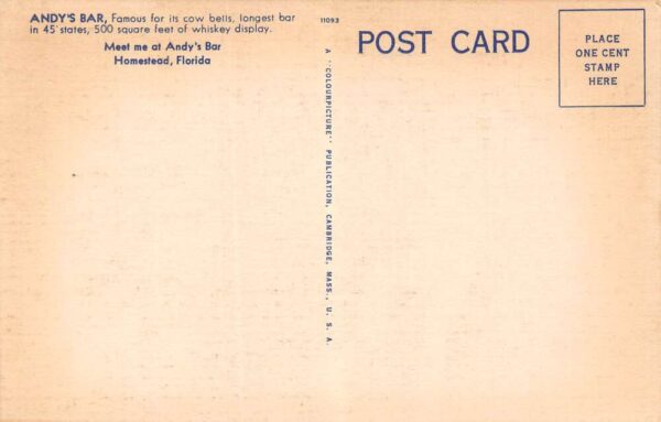Homestead Florida Andy's Bar, Longest In The 45 States Vintage Postcard U3796 - Image 2