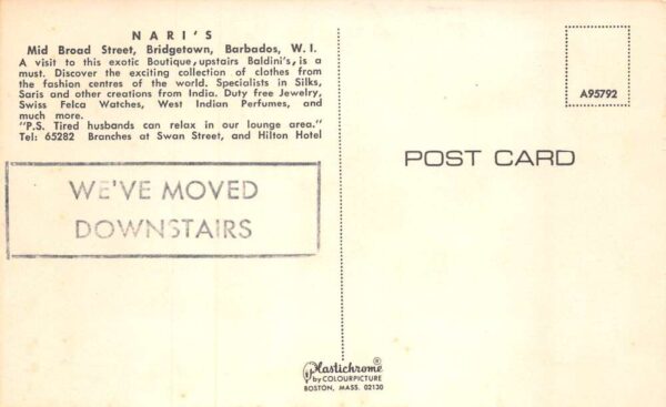 Bridgetown Barbados WI Nari's Boutique Ladies Fashion Duty Free Postcard AA65905 - Image 2