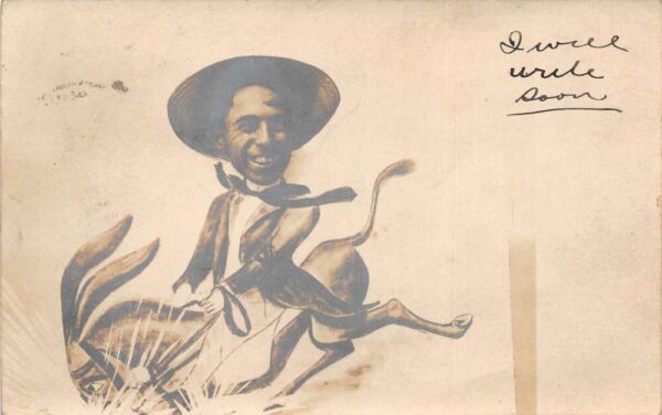 Man Riding Donkey Humor Studio Cut Out Real Photo Vintage Postcard AA65942