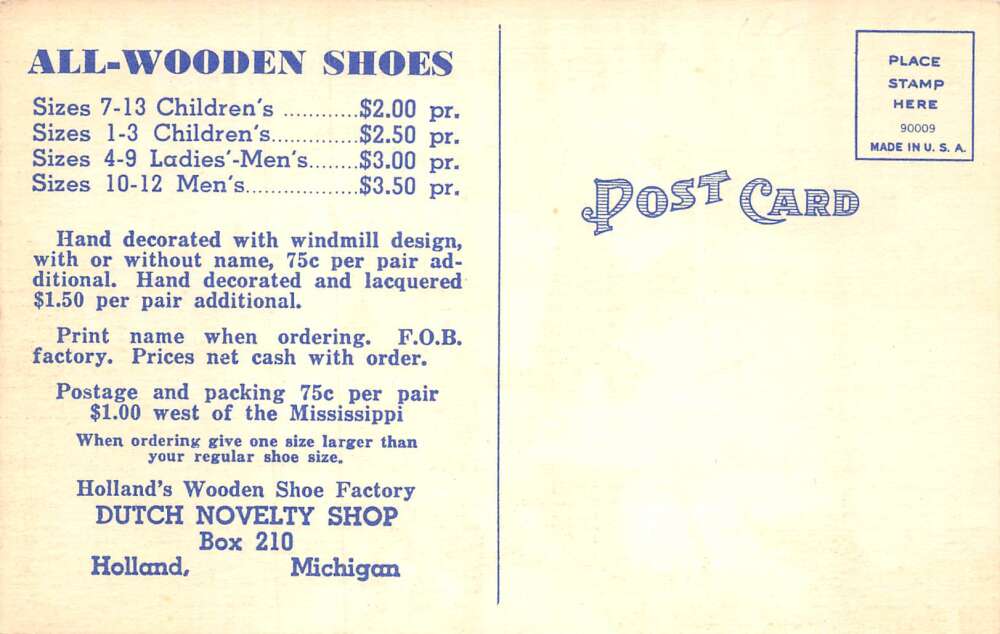Holland Michigan Dutch Novelty Shop All Wooden Shoes Vintage Postcard AA66015 - Image 2