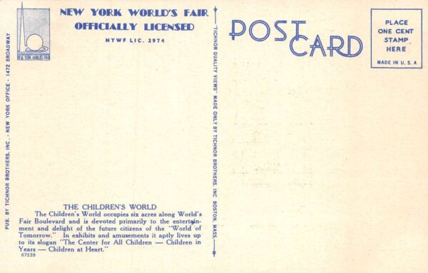 New York Worlds Fair Childrens World Carousal Vintage Postcard AA66105 - Image 2