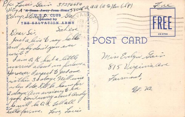 Salvation Army USO Club Dining Room Doughnuts Vintage Postcard AA66108 - Image 2
