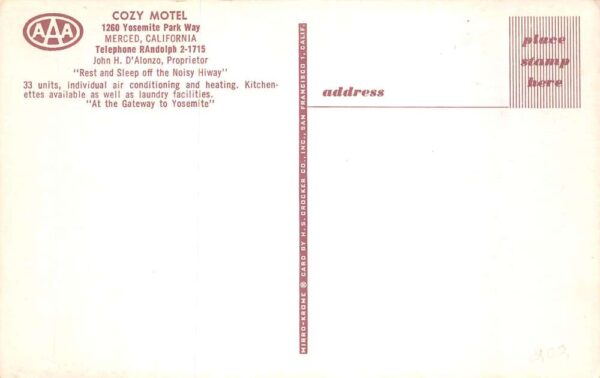 Merced California Cozy Motel and Swimming Pool Vintage Postcard AA66448 - Image 2