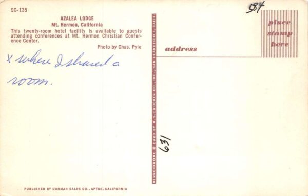 Mt Hermon California Christian Conference Center Azalea Lodge Postcard AA66449 - Image 2