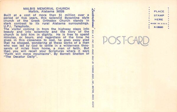 Malbis Alabama Malbis Memorial Church Vintage Postcard AA66457 - Image 2