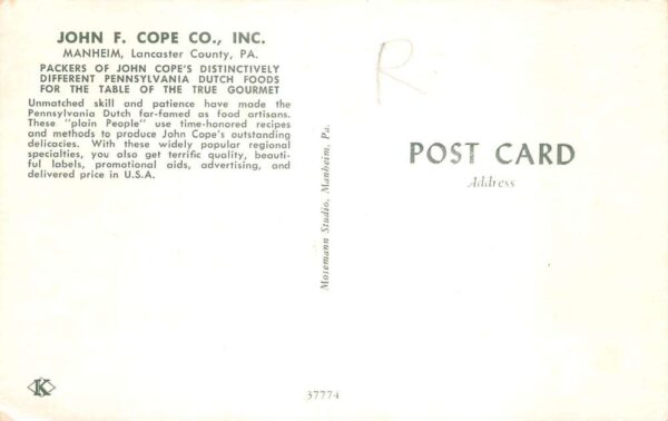 Manheim Pennsylvania John F Cope Co PA Dutch Foods Advertising Postcard AA66484 - Image 2