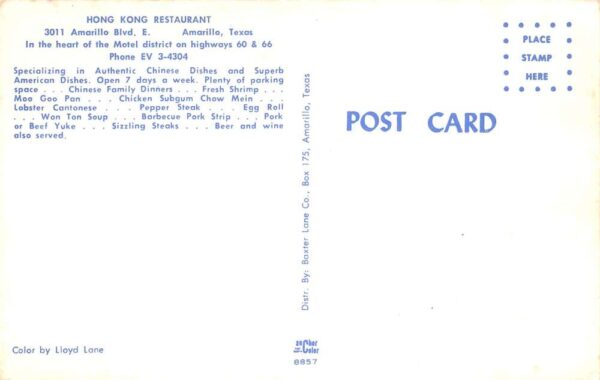 Amarillo Texas Hong Kong Chinese Restaurant Vintage Postcard AA66500 - Image 2