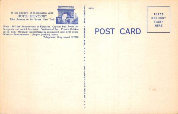 New York City Hotel Brevoort Parisian Sidewalk Cafe Vintage Postcard AA66535 - Image 2