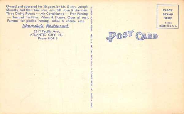 Atlantic City New Jersey Shumsky's Restaurant Linen Vintage Postcard AA66539 - Image 2