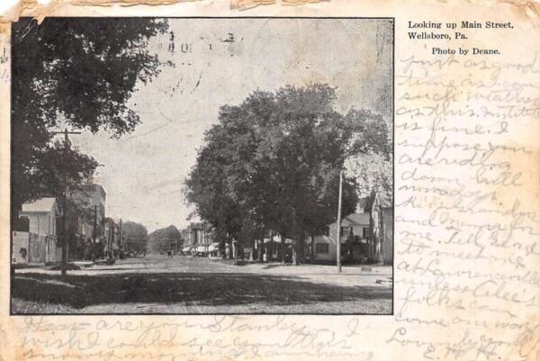 Wellsboro Pennsylvania Looking Up Main St., B/W Lithograph Vintage PC U4151