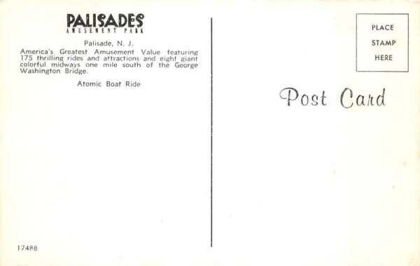 Palisades New Jersey Amusement Park Atomic Boat Ride Vintage Postcard AA66754 - Image 2