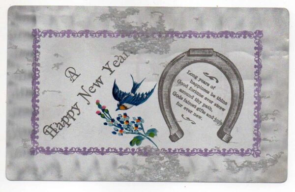 New Year Greetings Bird with Flowers Horseshoe Metal Novelty Postcard AA66762