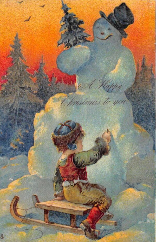 Christmas Greetings Child on Sled making Snowman Tuck Vintage Postcard AA66791
