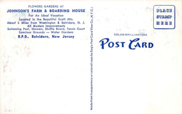 Belvidere New Jersey Johnson's Farm and Boarding House Gardens Postcard AA66855 - Image 2