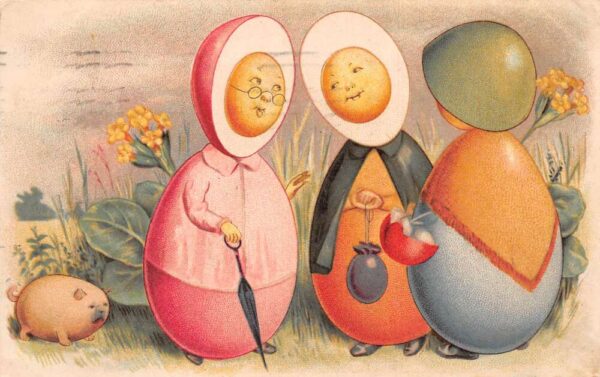 Greetings Fantasy Egg Shape People Egg Dog Vintage Postcard AA67019