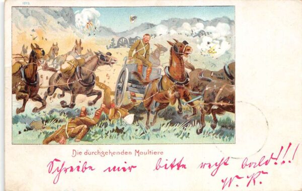 German Military Horse Carts Fleeing Battle Vintage Postcard AA67022