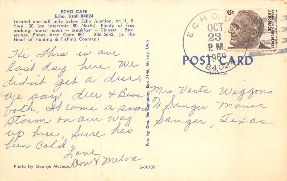 Echo Utah Echo Cafe Greetings Vintage Postcard AA67211 - Image 2