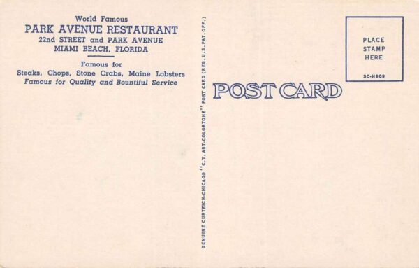Miami Beach Florida Park Avenue Restaurant Multi-View Linen Vintage PC U4586 - Image 2