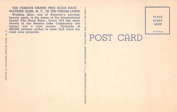 Watkins Glens New York Grand Prix Road Races Race Cars Linen Postcard AA67693 - Image 2