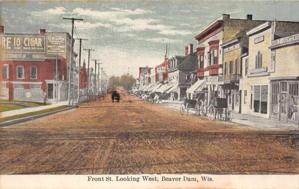 Beaver Dam Wisconsin Front St., Looking West Henry George Cigar Co. PC U4672
