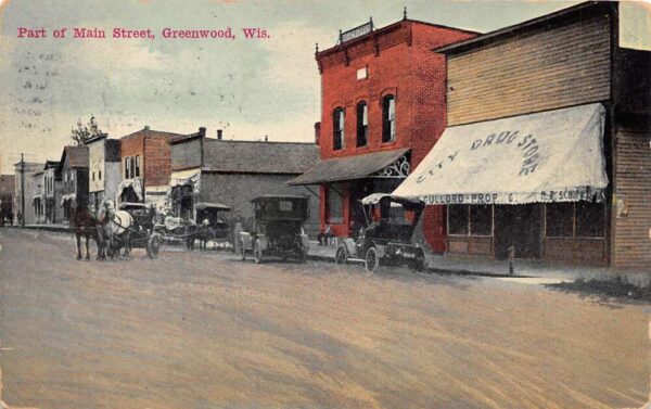 Greenwood Wisconsin Part Of Main Street City Drug Store Vintage Postcard U4688