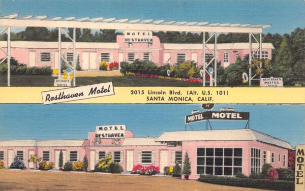 Santa Monica California Resthaven Motel Multi-View Linen Vintage Postcard U4758