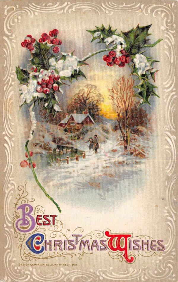 Christmas "Best Christmas Wishes" Winter Cabin Scene, Winsch, Vintage PC U4816