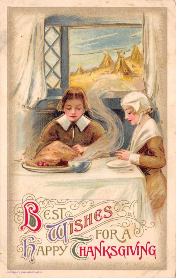 Thanksgiving "Best Wishes" Saying Grace Before Feast, Winsch Vintage PC U4821