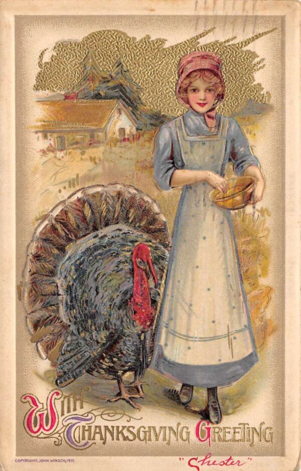 Thanksgiving Greetings, Girl W/ Turkey Winsch Vintage Postcard U4839