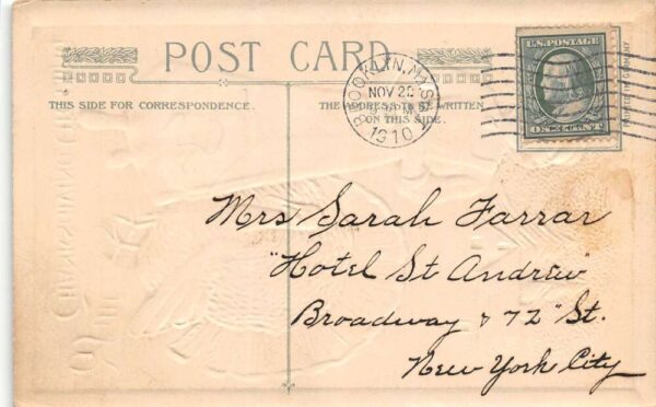 Thanksgiving Greetings, Girl W/ Turkey Winsch Vintage Postcard U4839 - Image 2