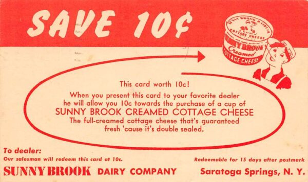 Saratoga Springs New York Sunny Brook Dairy Co. Cottage Cheese Coupon Gov't. Postal PC U4877