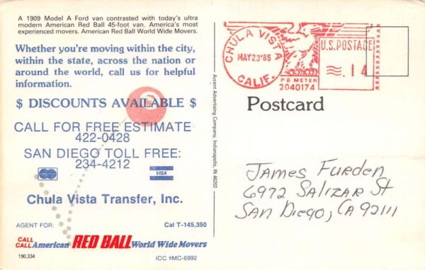 San Diego California American Red Ball Movers, Chula Vista Transfer, Gov't. Postal PC U4888 - Image 2