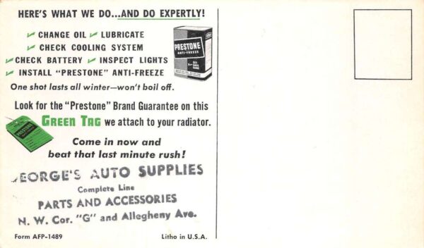 Prestone Anti Freeze Auto Supplies Car Advertising Vintage Postcard AA67841 - Image 2