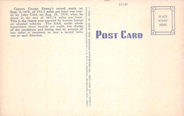 Great Salt Lake Utah Salt Flats Speedway Race Car Postcard AA67892 - Image 2