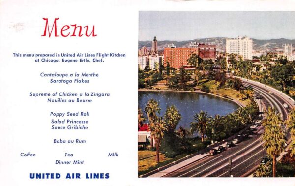 United Air Lines Flight Dinner Menu Los Angeles Wilshire Blvd PC AA67897