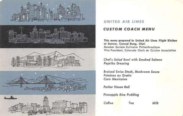 United Air Lines Custom Coach Dinner Menu Vintage Postcard AA67898