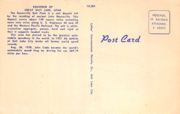 Great Salt Lake Utah Bonneville Salt Flats John Cobb Race Car Postcard AA67909 - Image 2