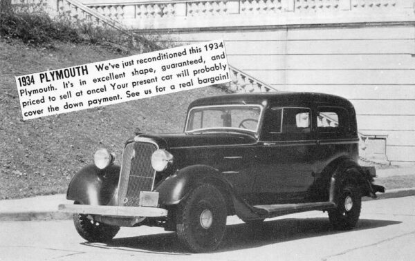 Juneu Wisconsin Kuntz and Ellis 1934 Plymouth Used Car Adv Postcard AA67912