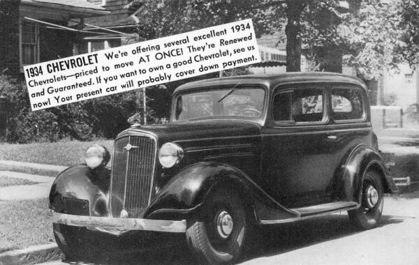 Juneu Wisconsin Kuntz and Ellis 1934 Chevrolet Used Car Adv Postcard AA67913