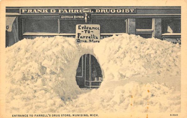 Munising Michigan Farrell's Drug Store Entrance Covered in Snow PC U4964