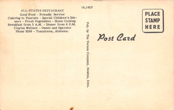 Tuscaloosa Alabama All-States Tourist Restaurant , Multi-View Linen PC U4971 - Image 2