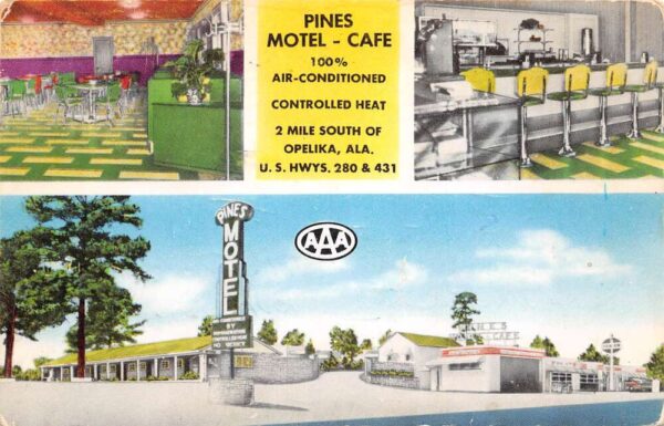 Opelika Alabama Pines Motel & Cafe Multi-View Linen Vintage Postcard U4979