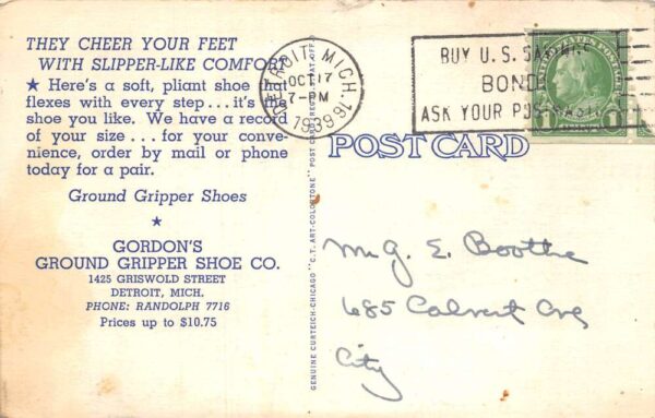 Detroit Michigan Gordon's Ground Gripper Shoe Advertising Postcard AA68014 - Image 2
