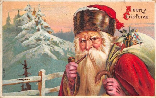 Christmas Greetings Santa Claus Smoking Tobacco Pipe Vintage Postcard AA68024