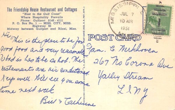 Mississippi City Mississippi Friendship House Restaurant Postcard AA68041 - Image 2
