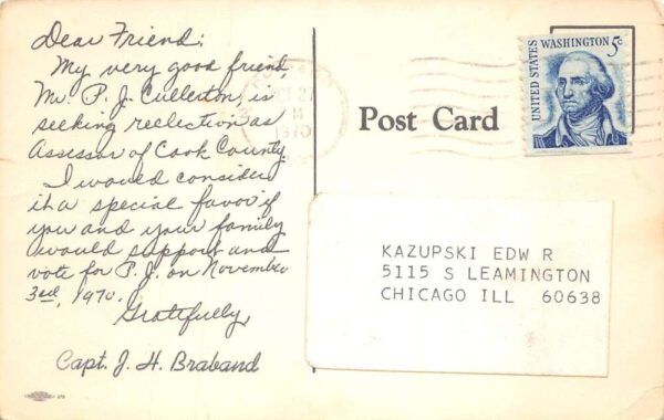 Chicago Illinois PJ Cullerton County Assessor Political Vintage Postcard AA68087 - Image 2