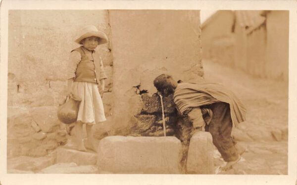 Bolivia Children Drinking from Fountain Real Photo Vintage Postcard AA68115