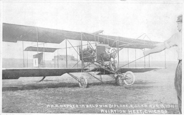 Chicago Illinois Aviation Meet Badger in Baldwin Biplane Postcard AA68178