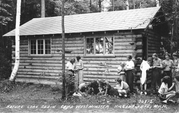 Higgins Lake Michigan Camp Westminster Nature Lore Cabin Real Photo PC AA68196